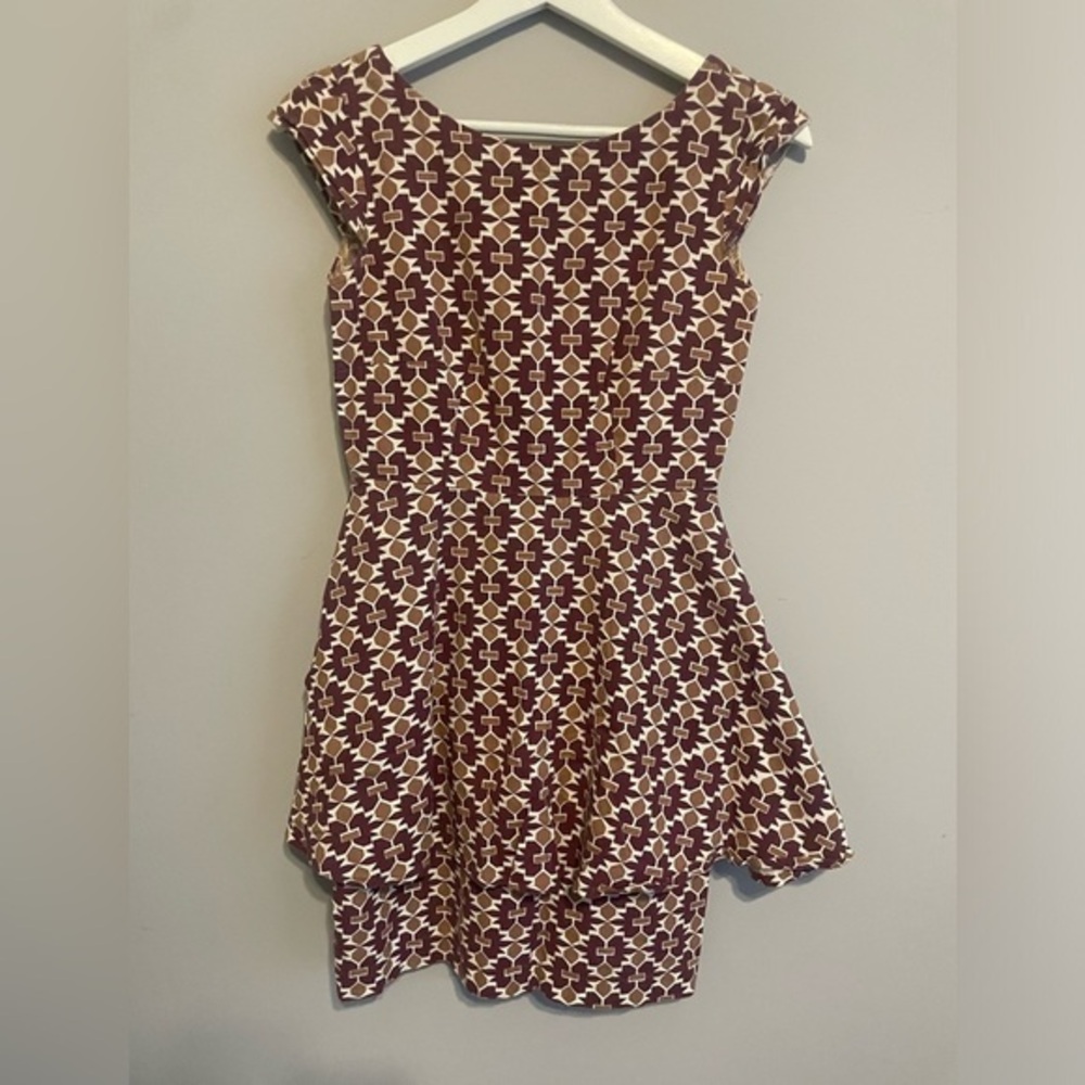 Mata Traders Fair Trade Gallery Brown Print Peplum‎ Dress Size XS